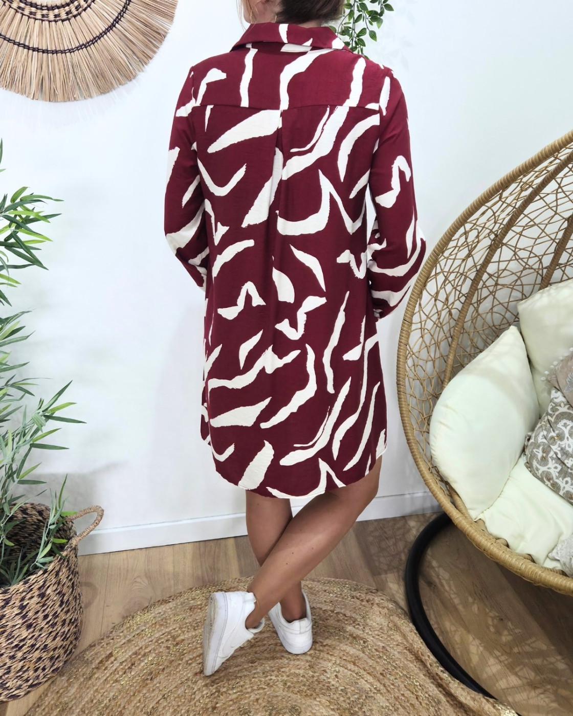 Robe chemise femme droite bordeaux et beige Axellea