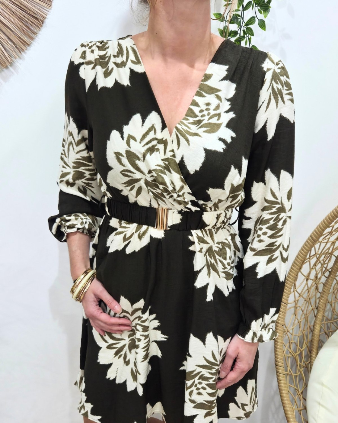 Robe femme kaki fleurs écrues Ophéa