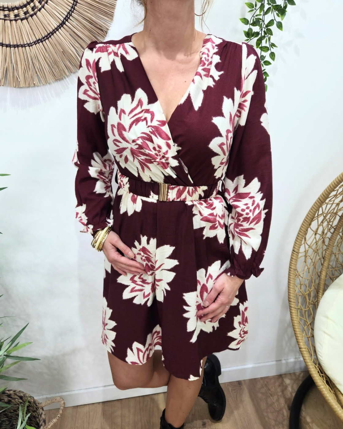 Robe femme bordeaux fleurs écrues Ophéa