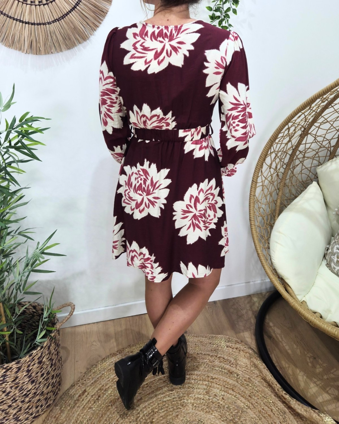 Robe femme bordeaux fleurs écrues Ophéa