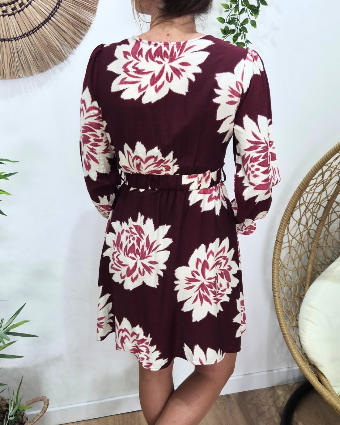 Robe femme bordeaux fleurs écrues Ophéa