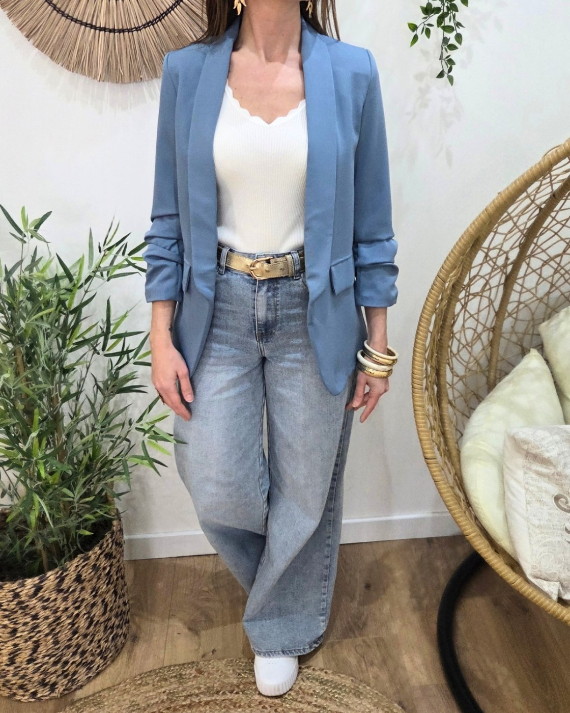 Blazer femme manches plissées bleu jean