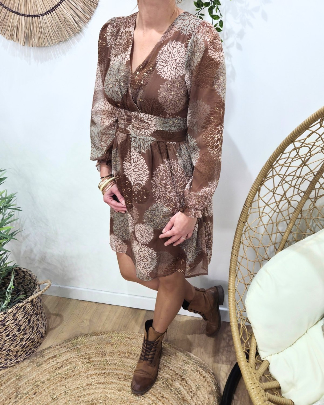 Robe femme marron fleurs kaki et taupes Lounaé