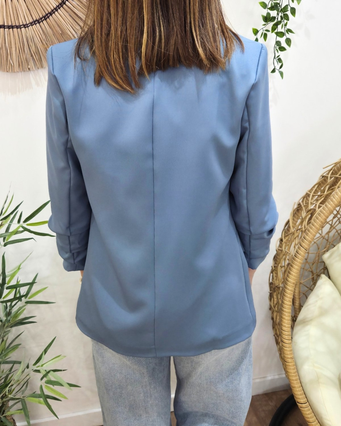 Blazer femme manches plissées bleu jean