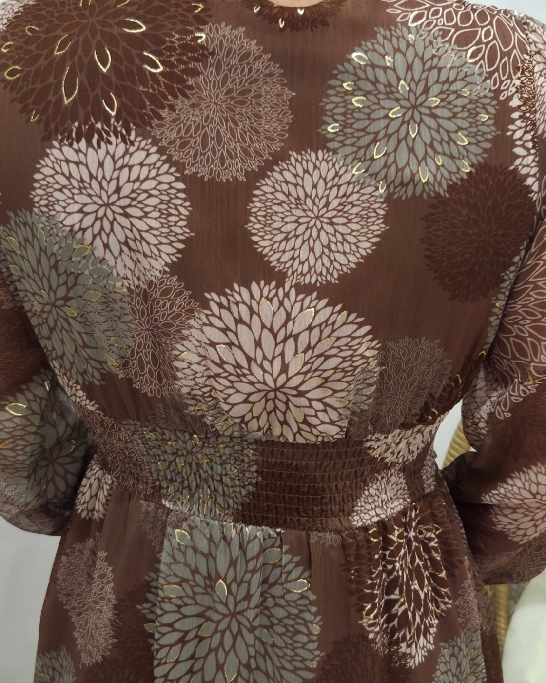 Robe femme marron fleurs kaki et taupes Lounaé