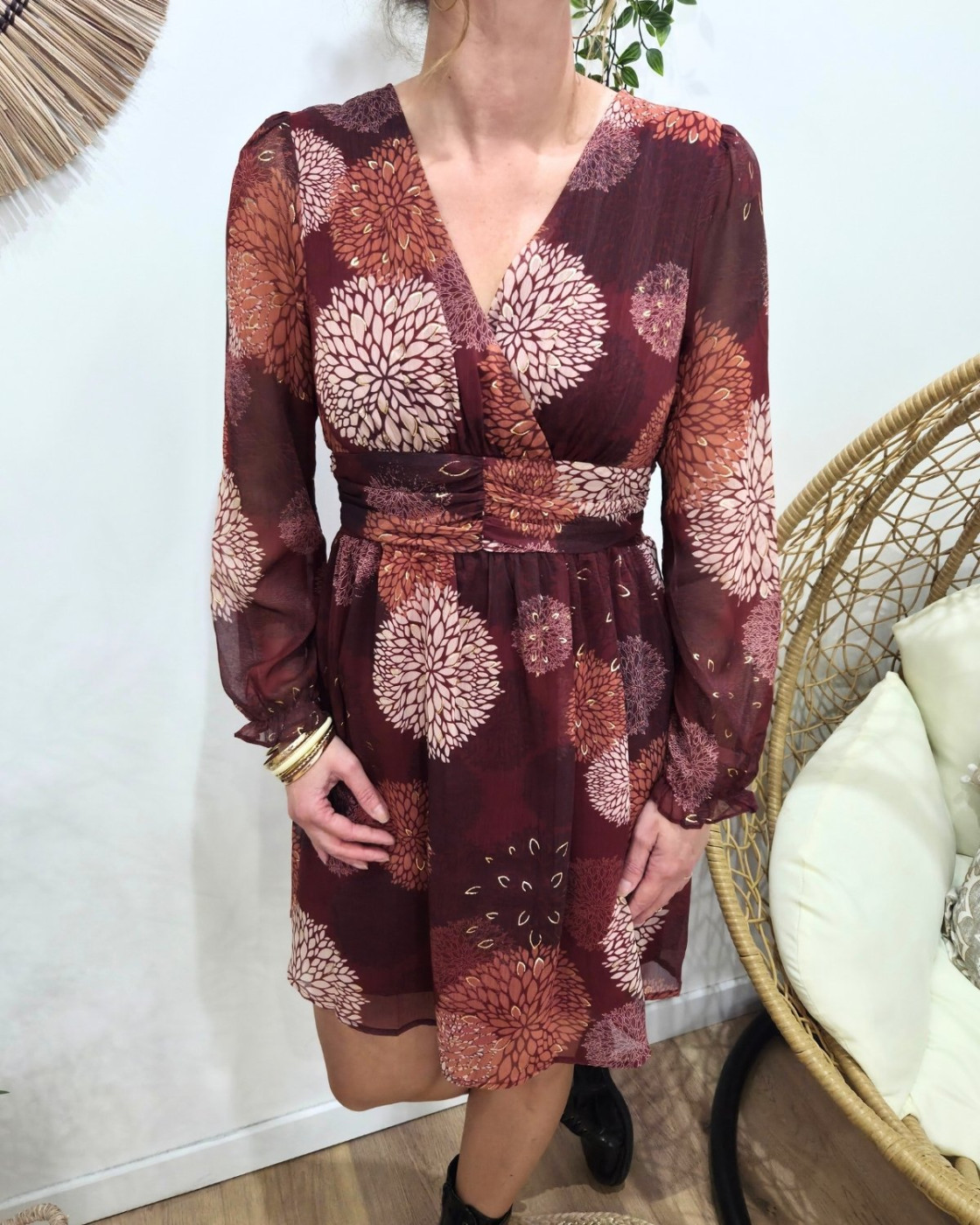 Robe femme bordeaux fleurs terracotta beiges et dorures Lounaé