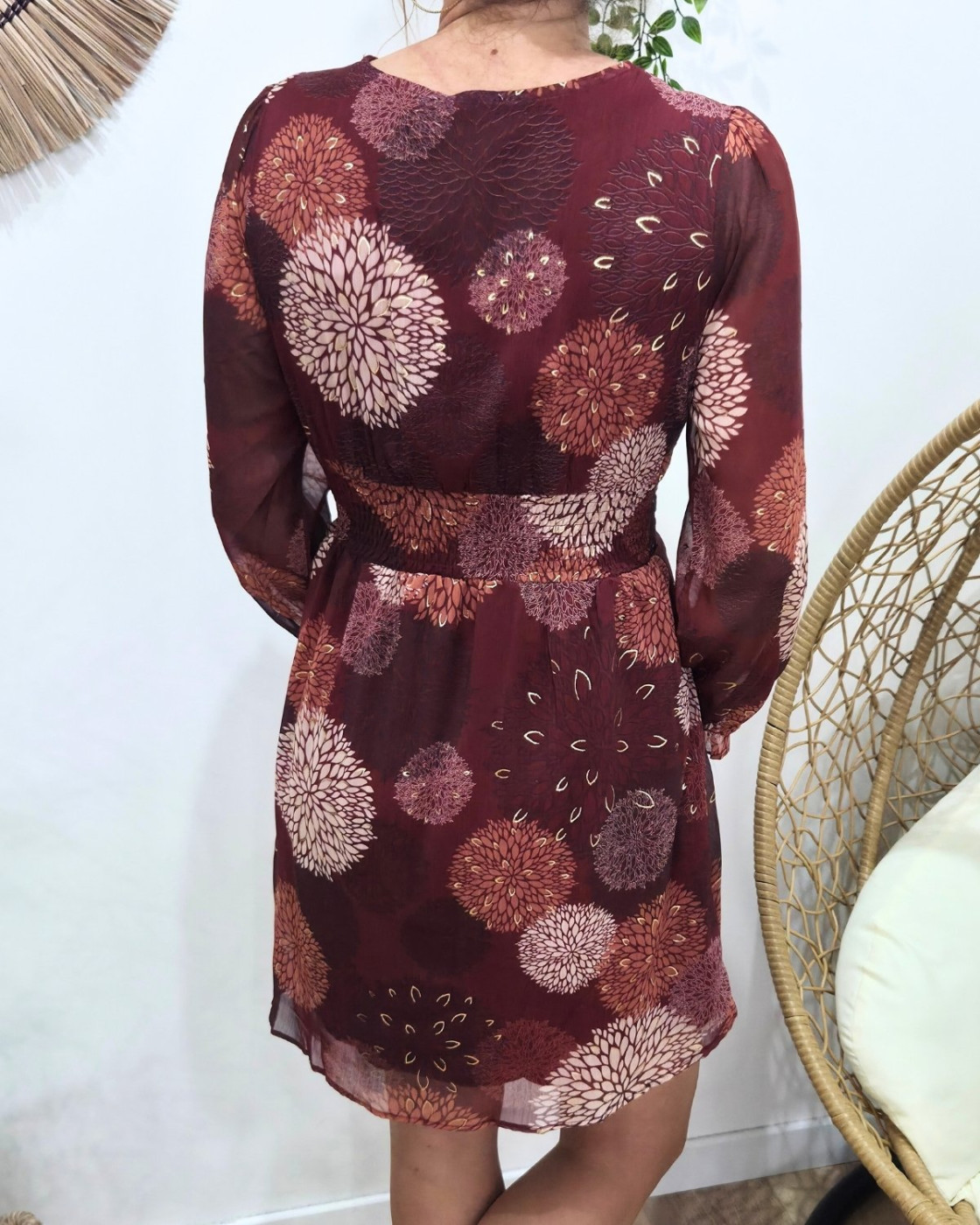 Robe femme bordeaux fleurs terracotta beiges et dorures Lounaé