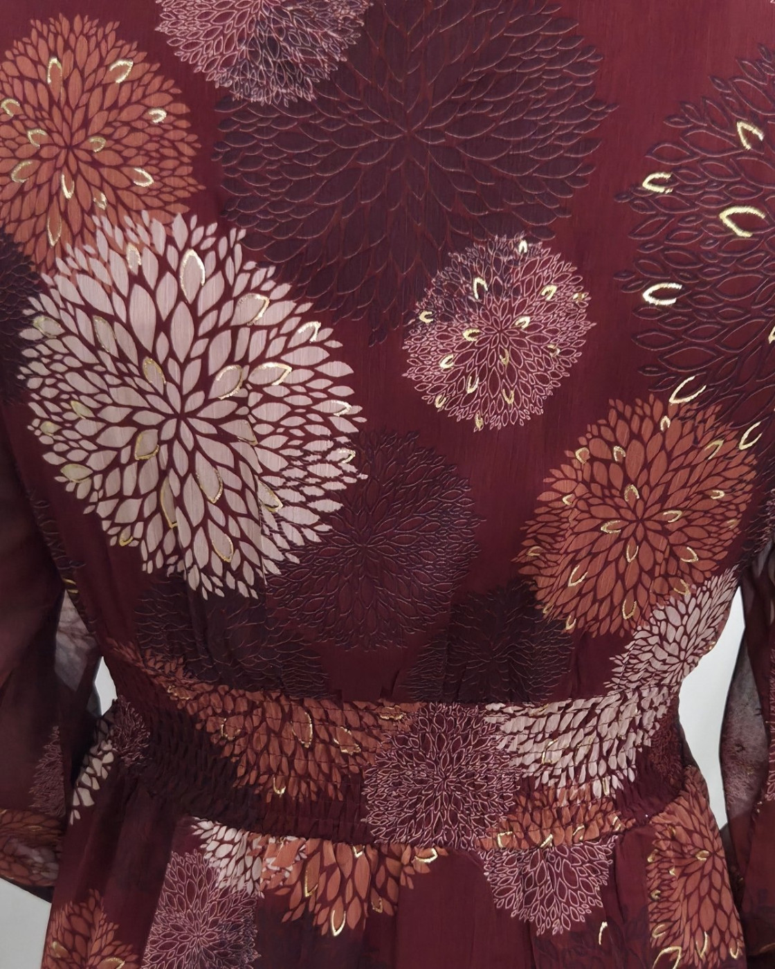 Robe femme bordeaux fleurs terracotta beiges et dorures Lounaé