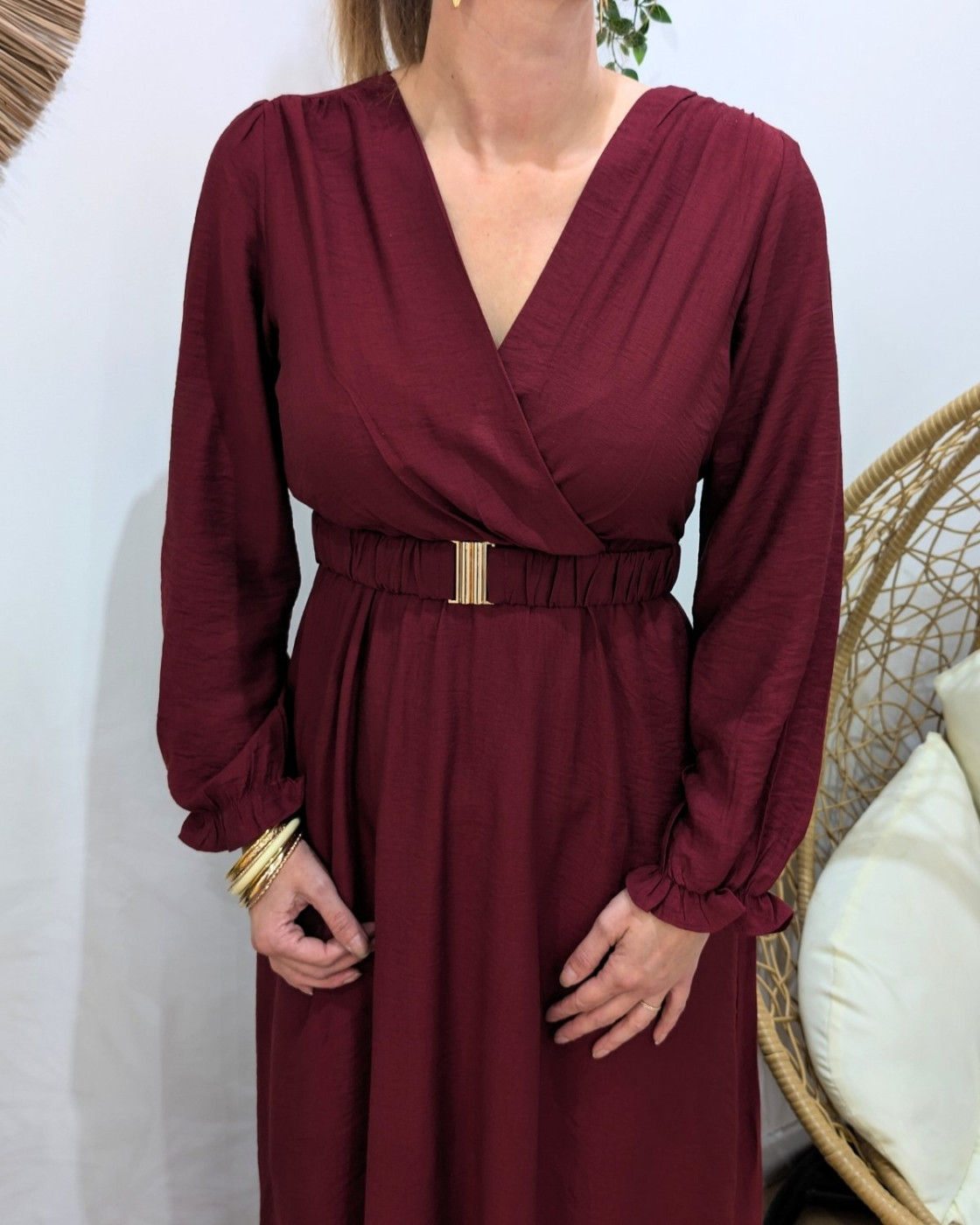 Robe longue femme unie rouge bordeaux manches longues Izia