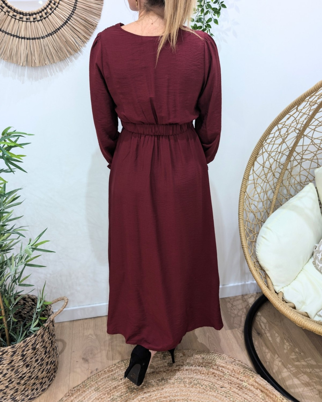 Robe longue femme unie rouge bordeaux manches longues Izia