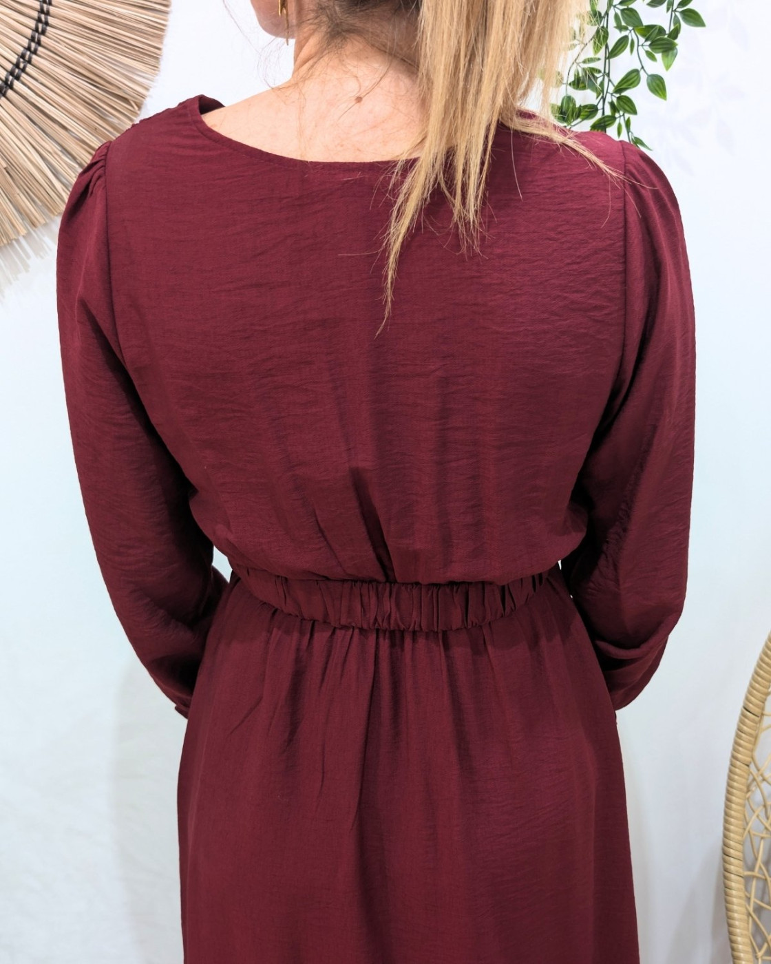 Robe longue femme unie rouge bordeaux manches longues Izia