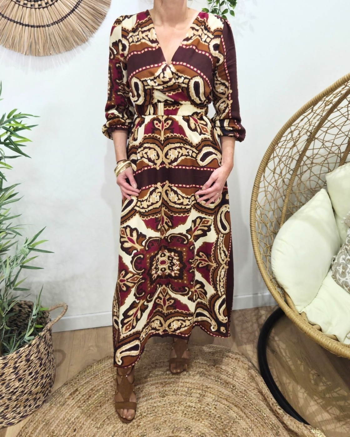 Robe longue femme bordeaux motifs prunes camels et beiges Malia