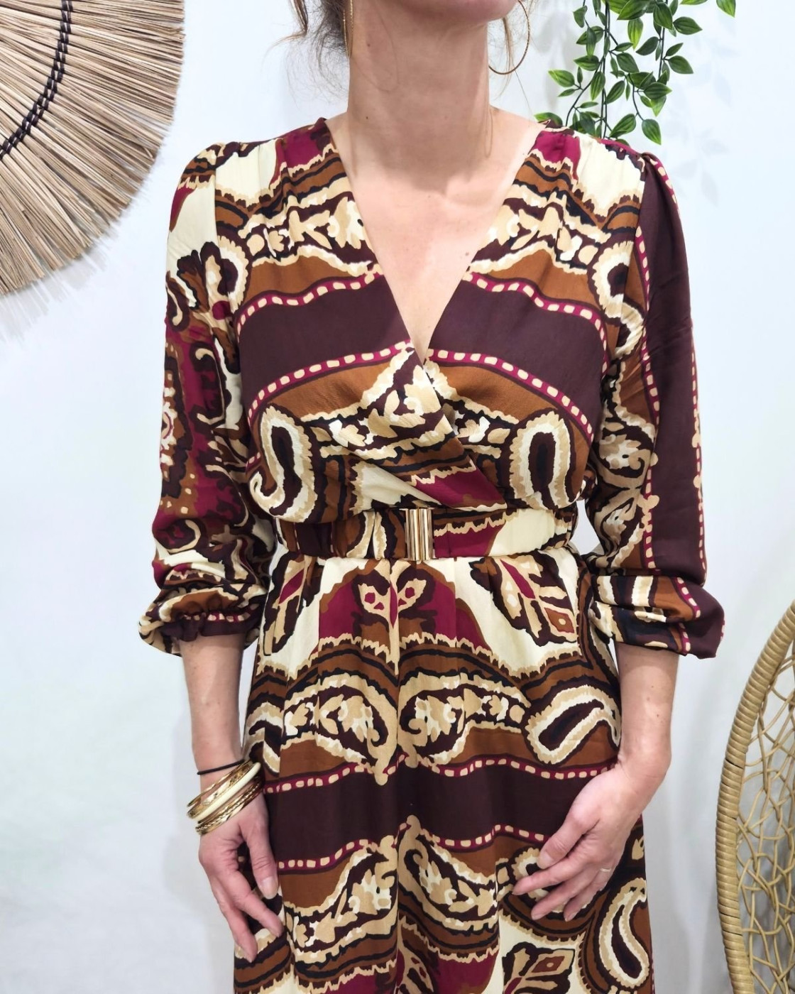 Robe longue femme bordeaux motifs prunes camels et beiges Malia