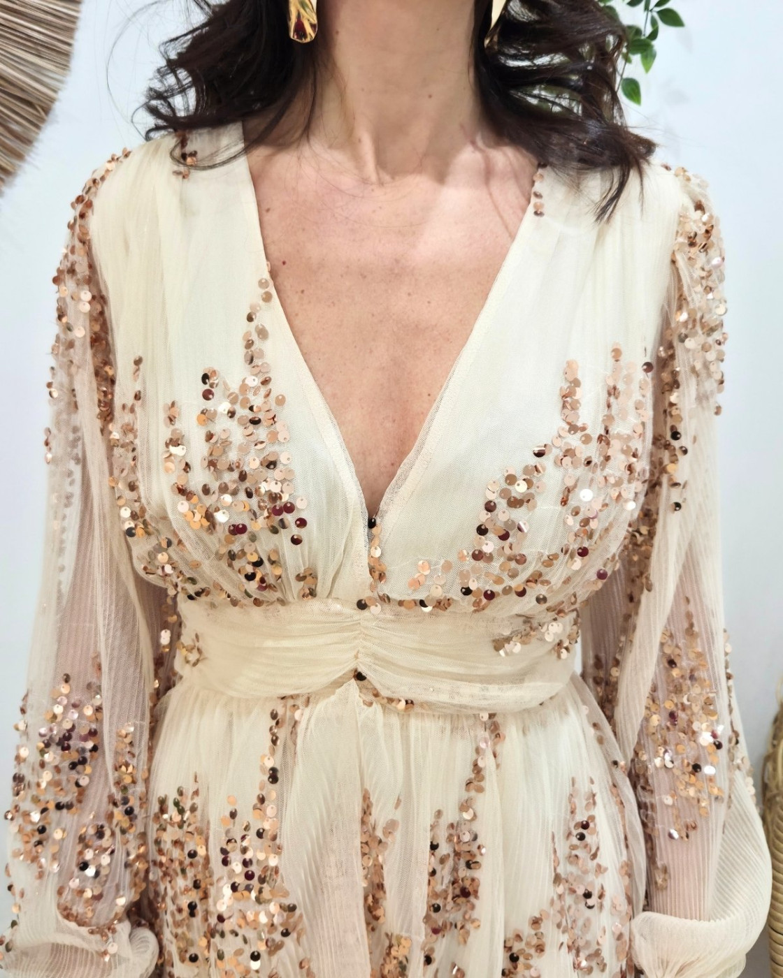 Robe femme beige à sequins cuivrés Holly