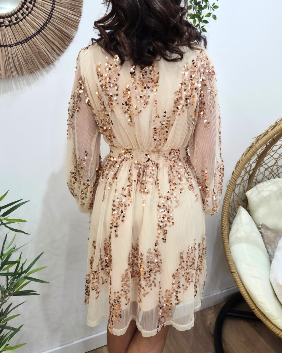 Robe femme beige à sequins cuivrés Holly