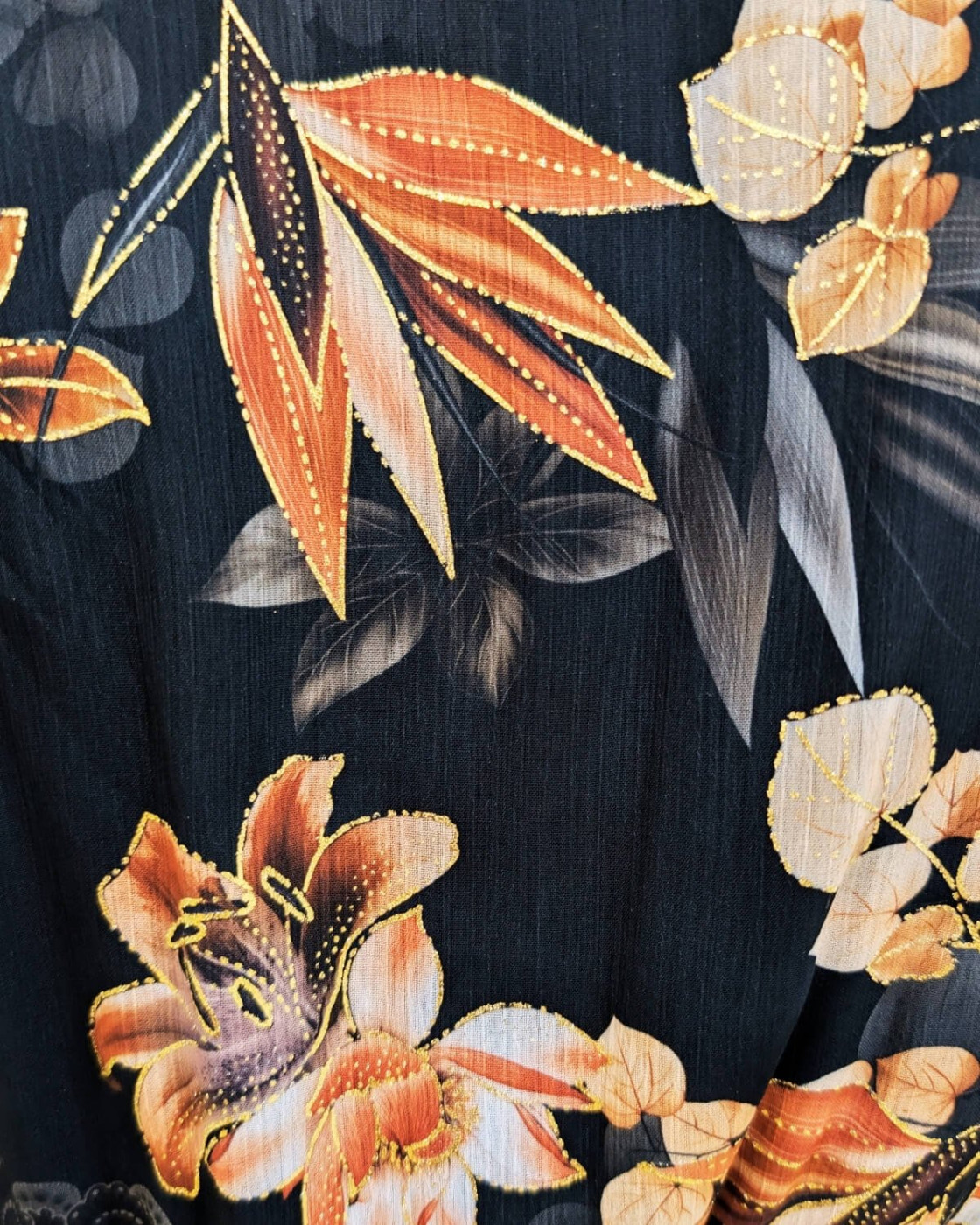 Robe longue femme noire fleurs terracotta et dorures Clara