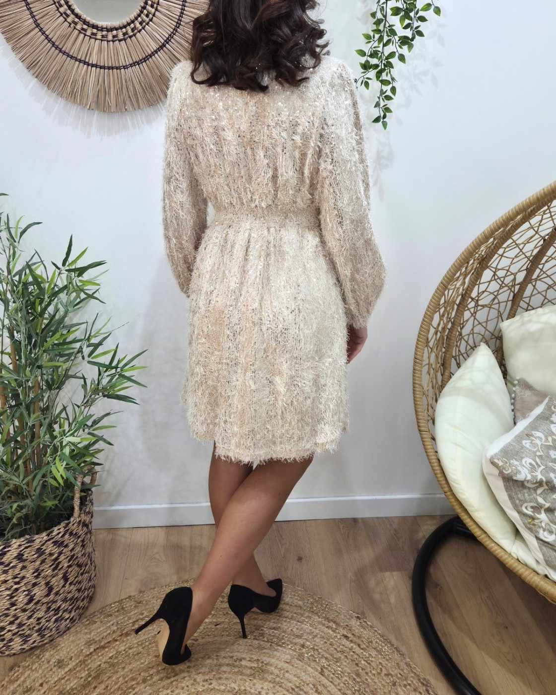 Robe femme beige à sequins dorés Ivy