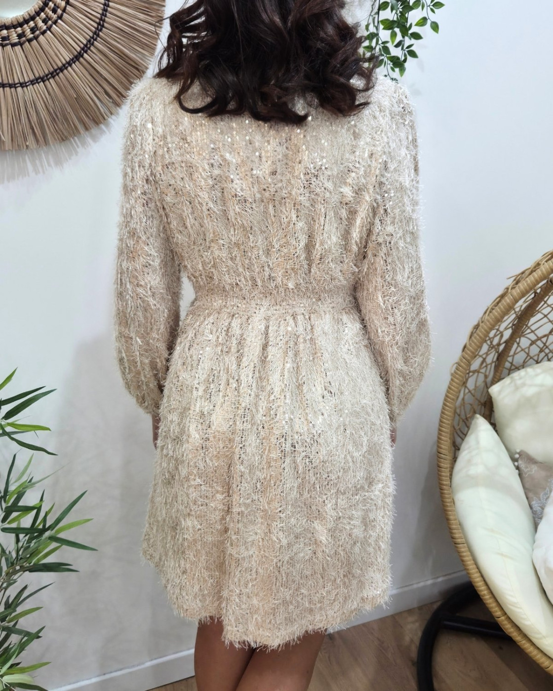Robe femme beige à sequins dorés Ivy