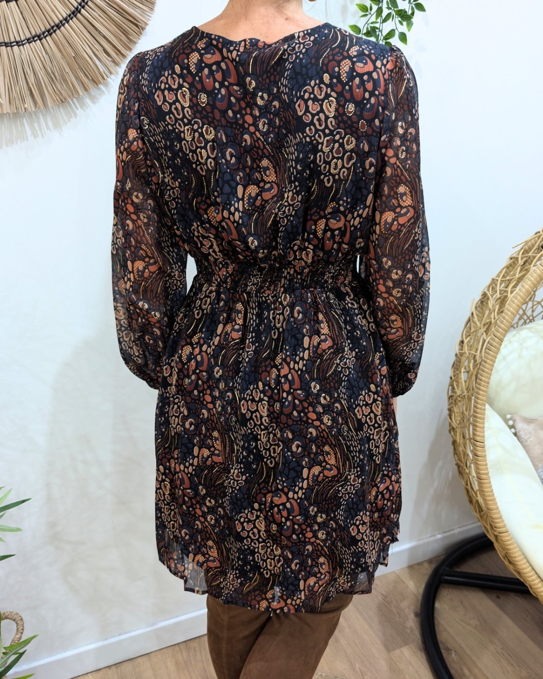 Robe femme  noire motifs terracotta et dorures Natalia