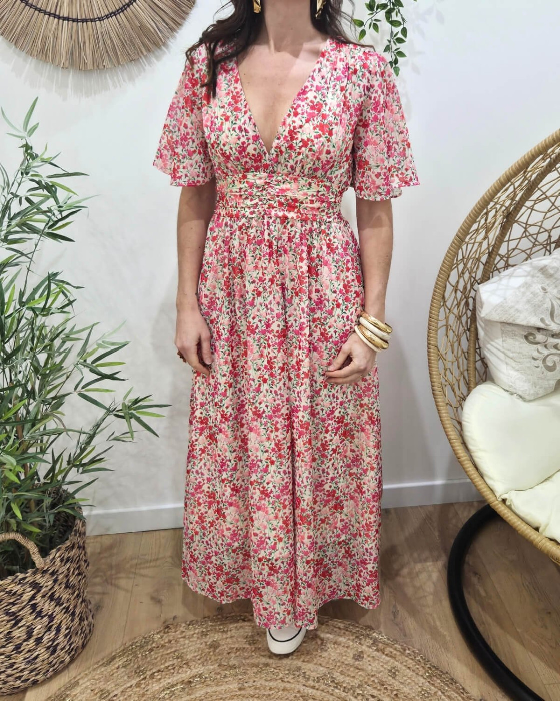 Robe longue femme écrue fleurs roses rouges Noémie