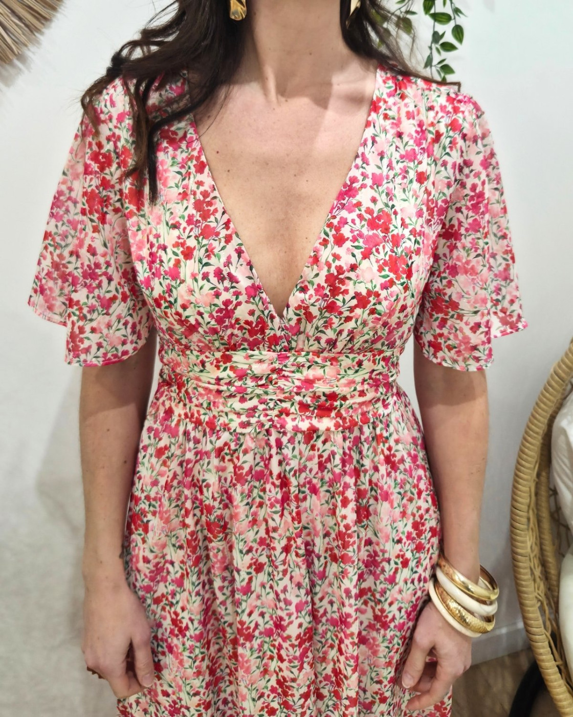 Robe longue femme écrue fleurs roses rouges Noémie