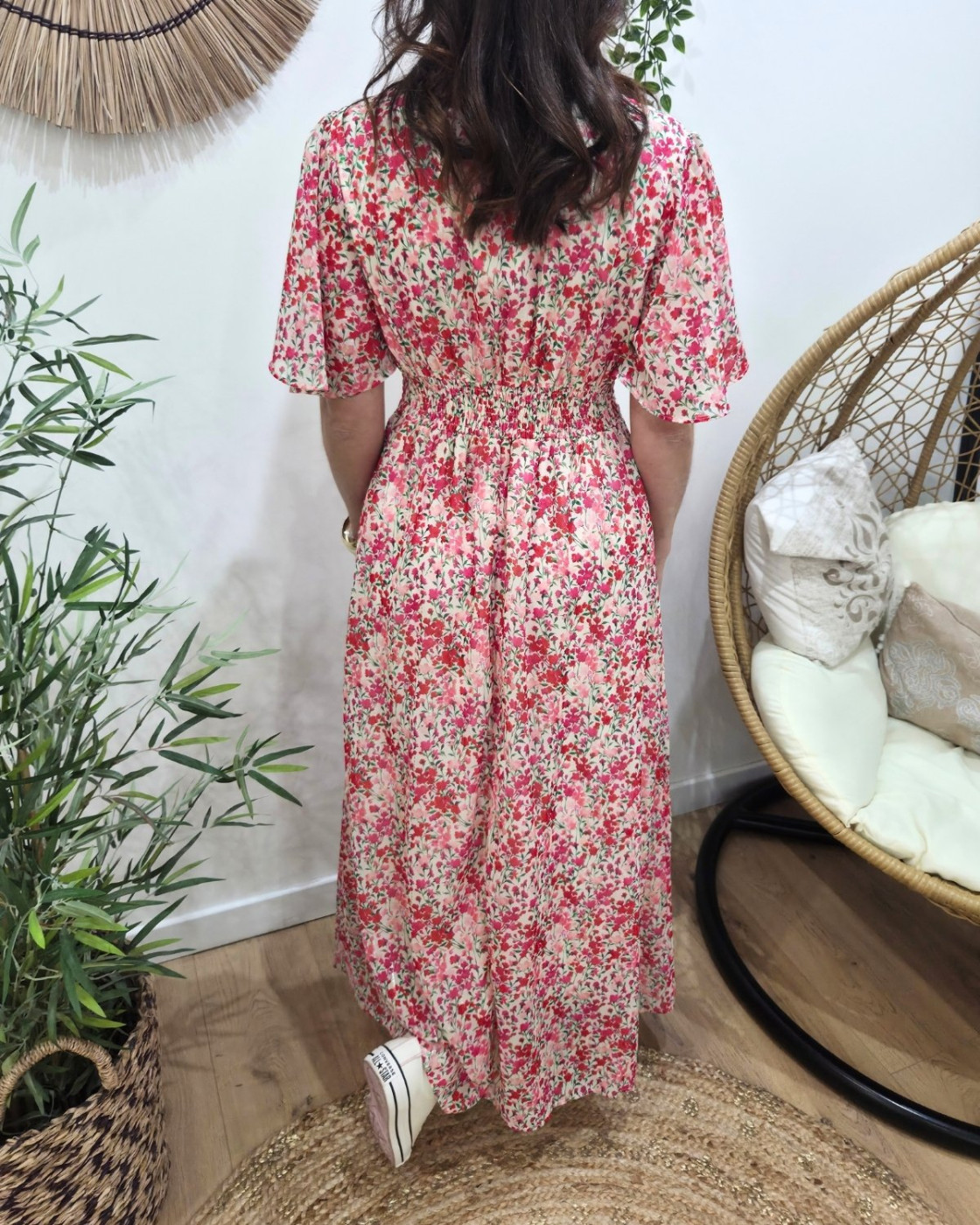 Robe longue femme écrue fleurs roses rouges Noémie