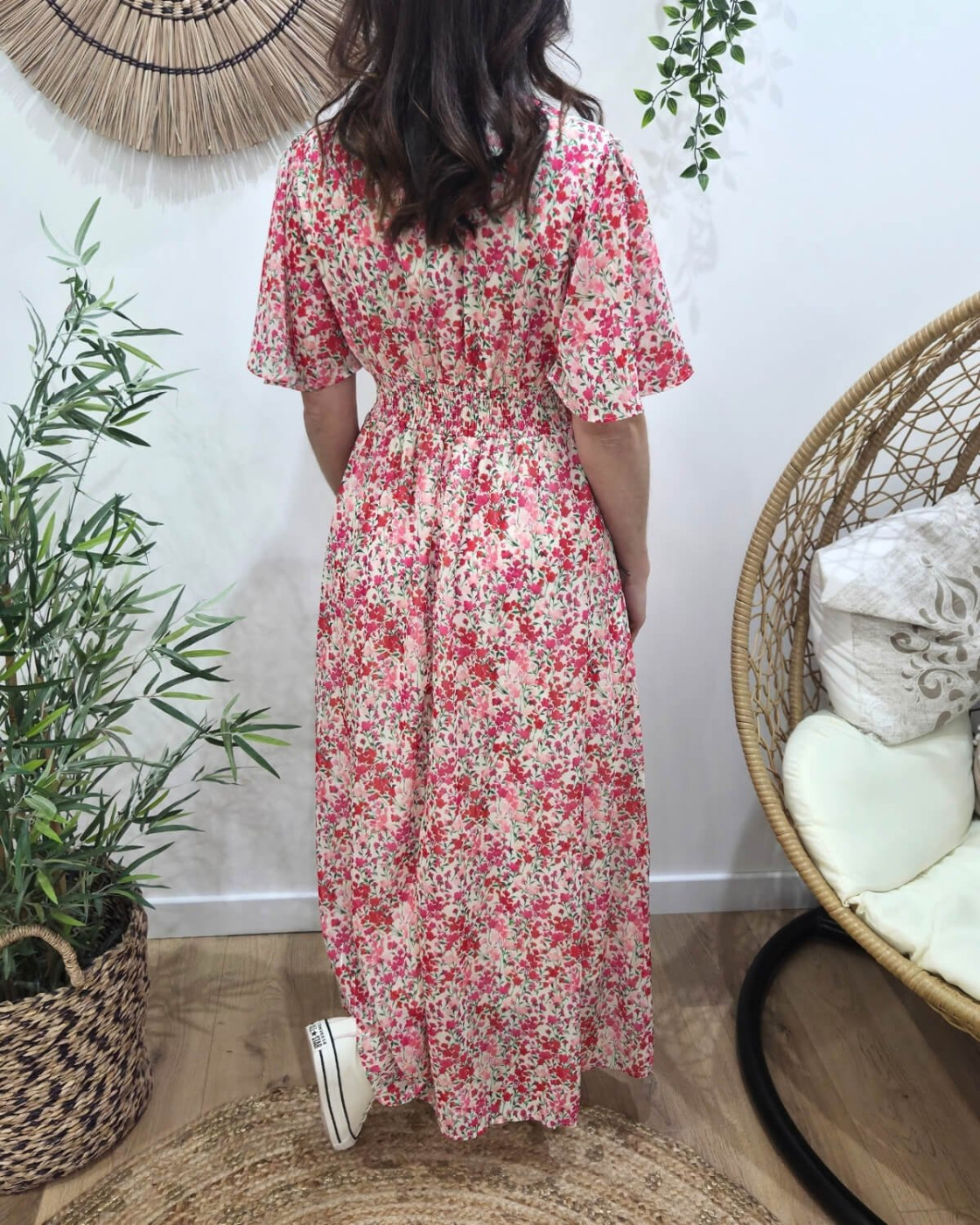 Robe longue femme écrue fleurs roses rouges Noémie