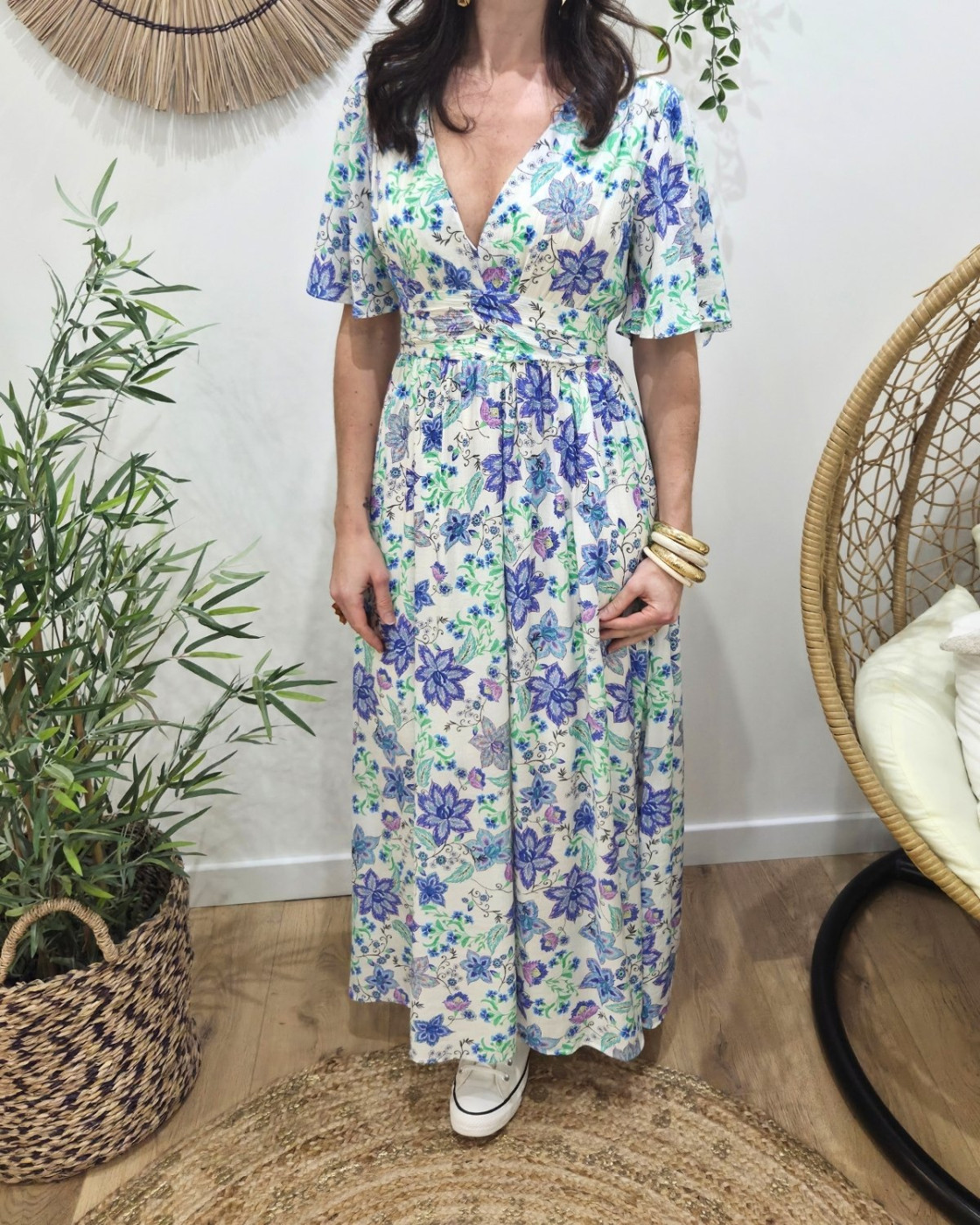 Robe longue femme écrue fleurs bleues et vertes Cassiopea