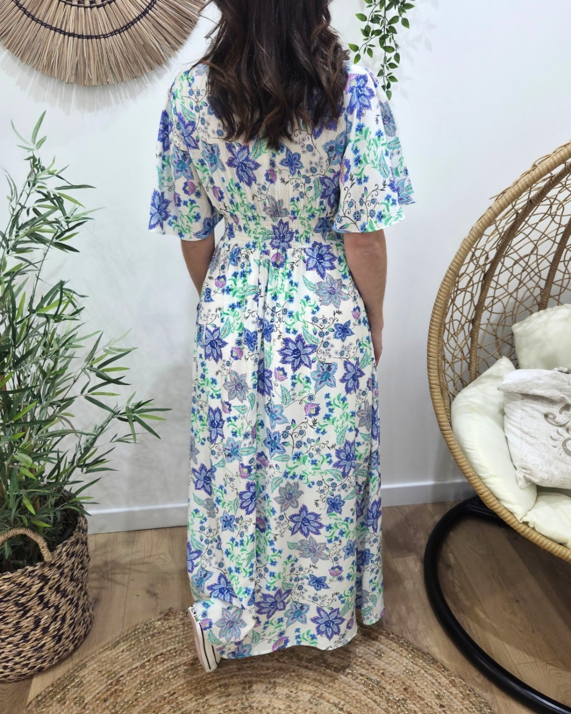 Robe longue femme écrue fleurs bleues et vertes Cassiopea