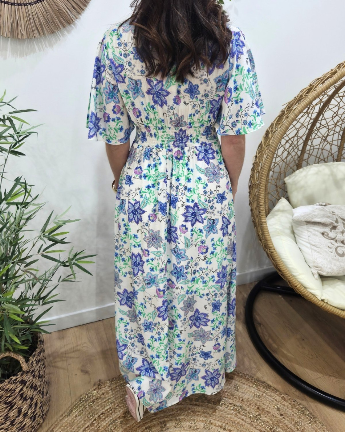 Robe longue femme écrue fleurs bleues et vertes Cassiopea