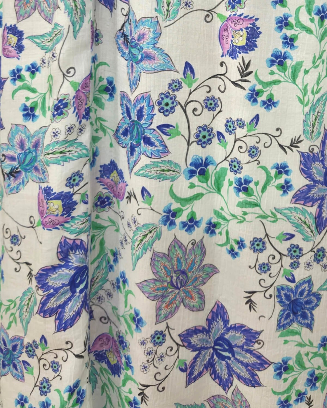 Robe longue femme écrue fleurs bleues et vertes Cassiopea