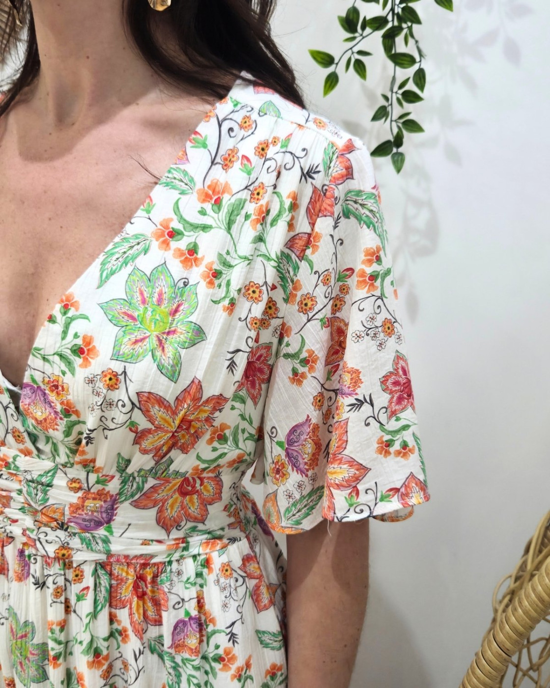 Robe longue femme écrue fleurs oranges et vertes Cassiopea