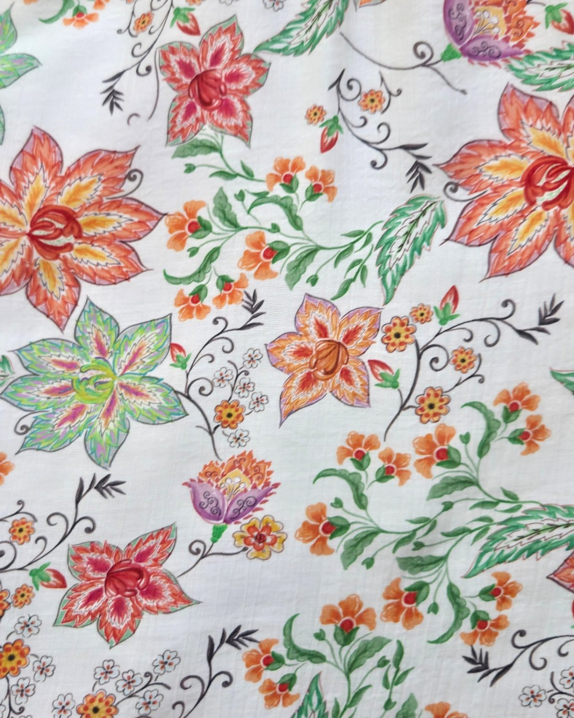 Robe longue femme écrue fleurs oranges et vertes Cassiopea