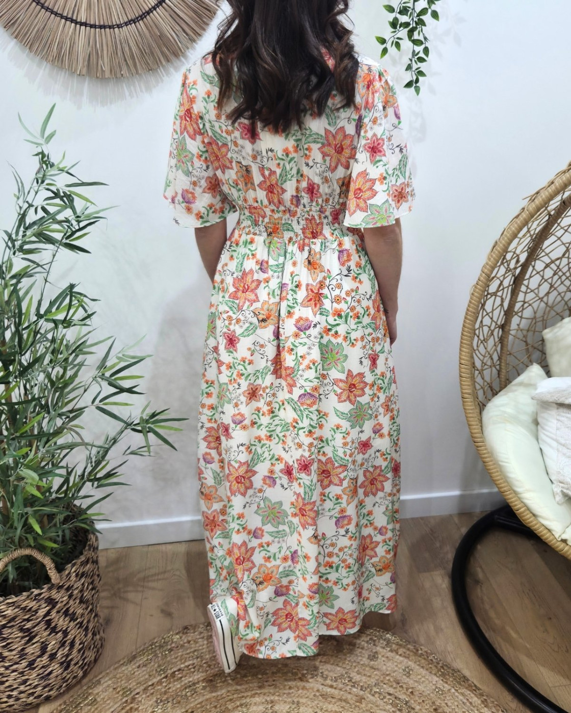 Robe longue femme écrue fleurs oranges et vertes Cassiopea