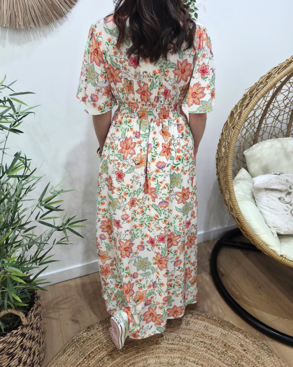 Robe longue femme écrue fleurs oranges et vertes Cassiopea