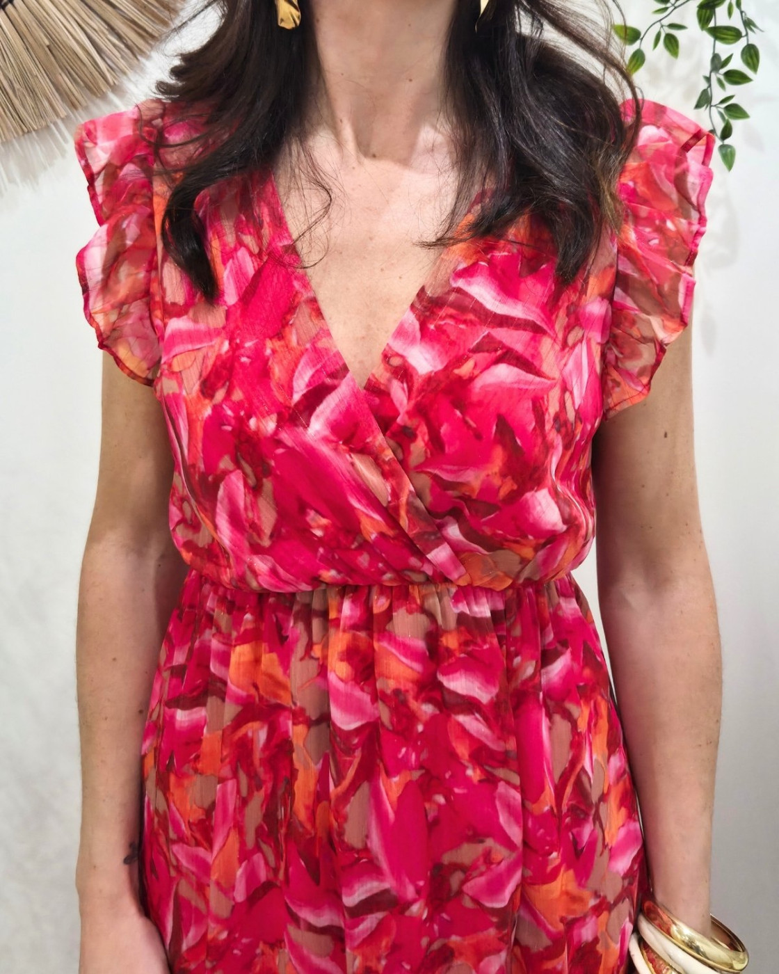 Robe longue femme fuchsia orange kaki manches à volants Zéphina