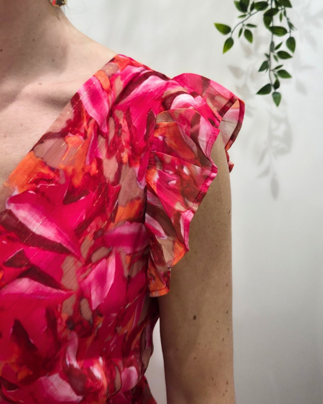 Robe longue femme fuchsia orange kaki manches à volants Zéphina