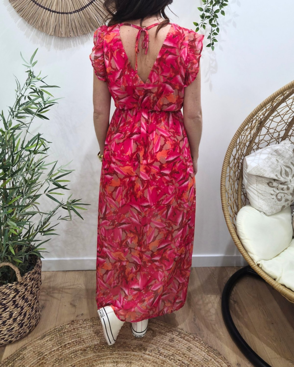 Robe longue femme fuchsia orange kaki manches à volants Zéphina