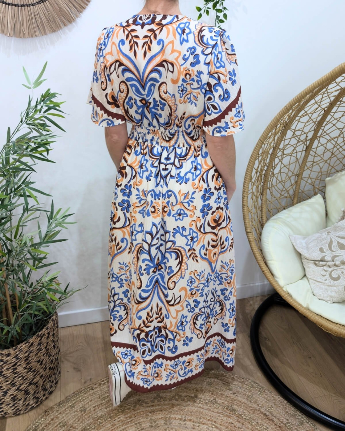 Robe longue femme beige motifs bleus orangés Donatella