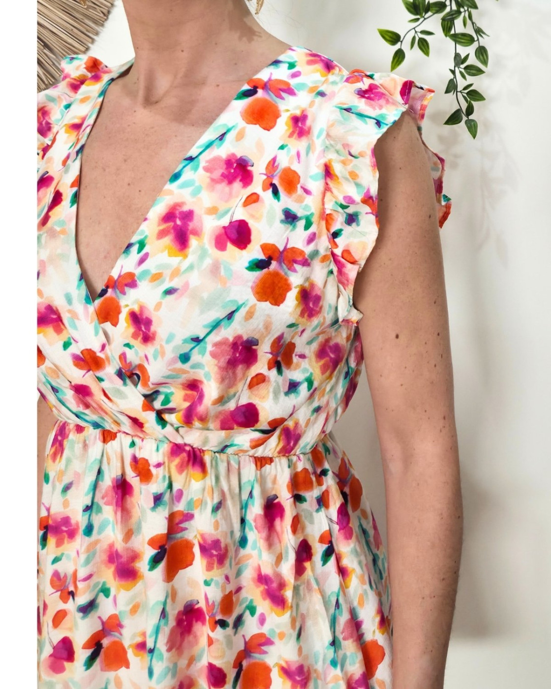 Robe femme écrue imprimés fleuris oranges fuchsia multicolores