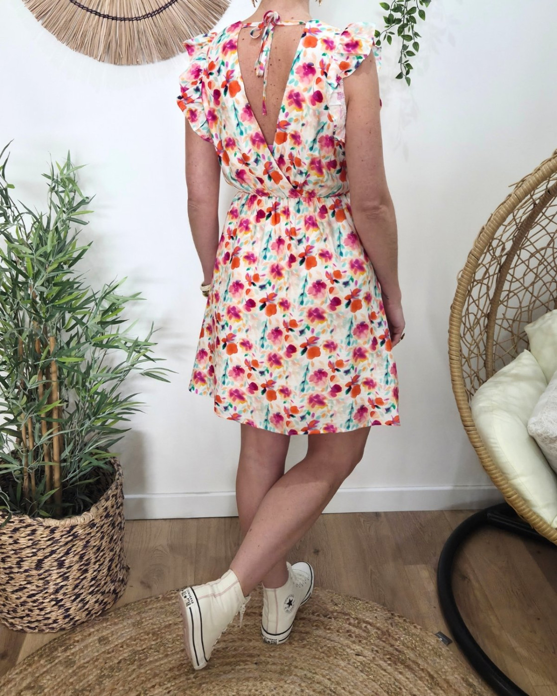 Robe femme écrue imprimés fleuris oranges fuchsia multicolores