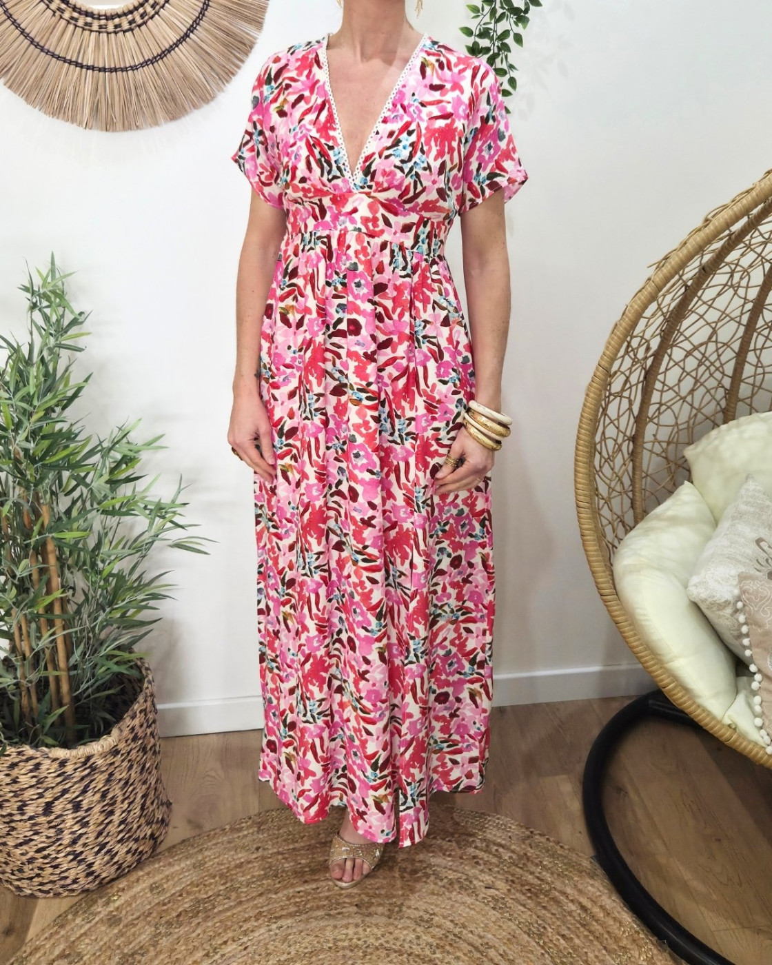 Robe longue femme motifs roses multicolores Brizia