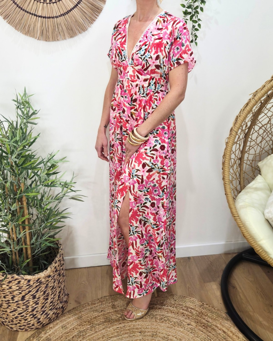 Robe longue femme motifs roses multicolores Brizia