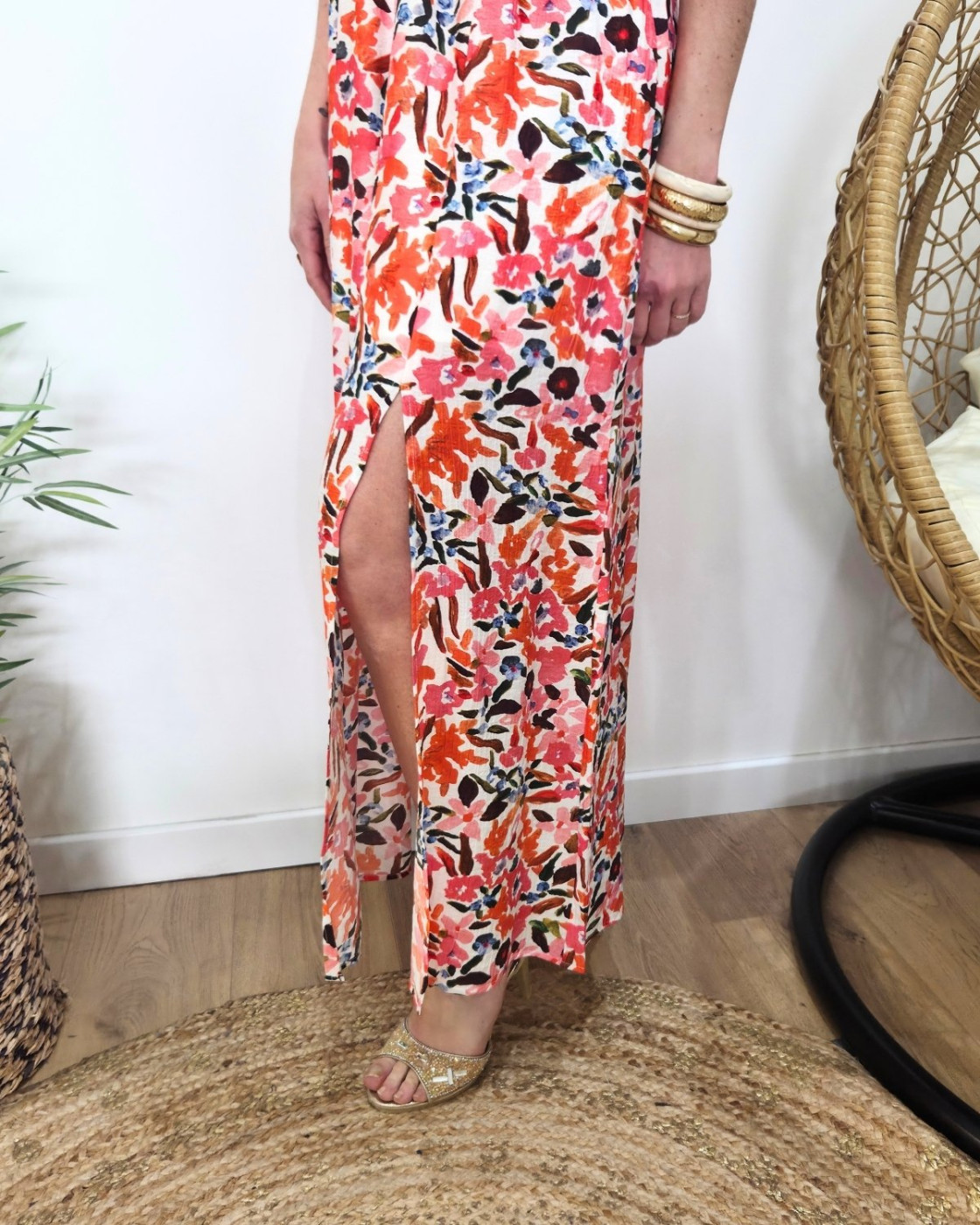 Robe longue femme motifs orangés multicolores Brizia