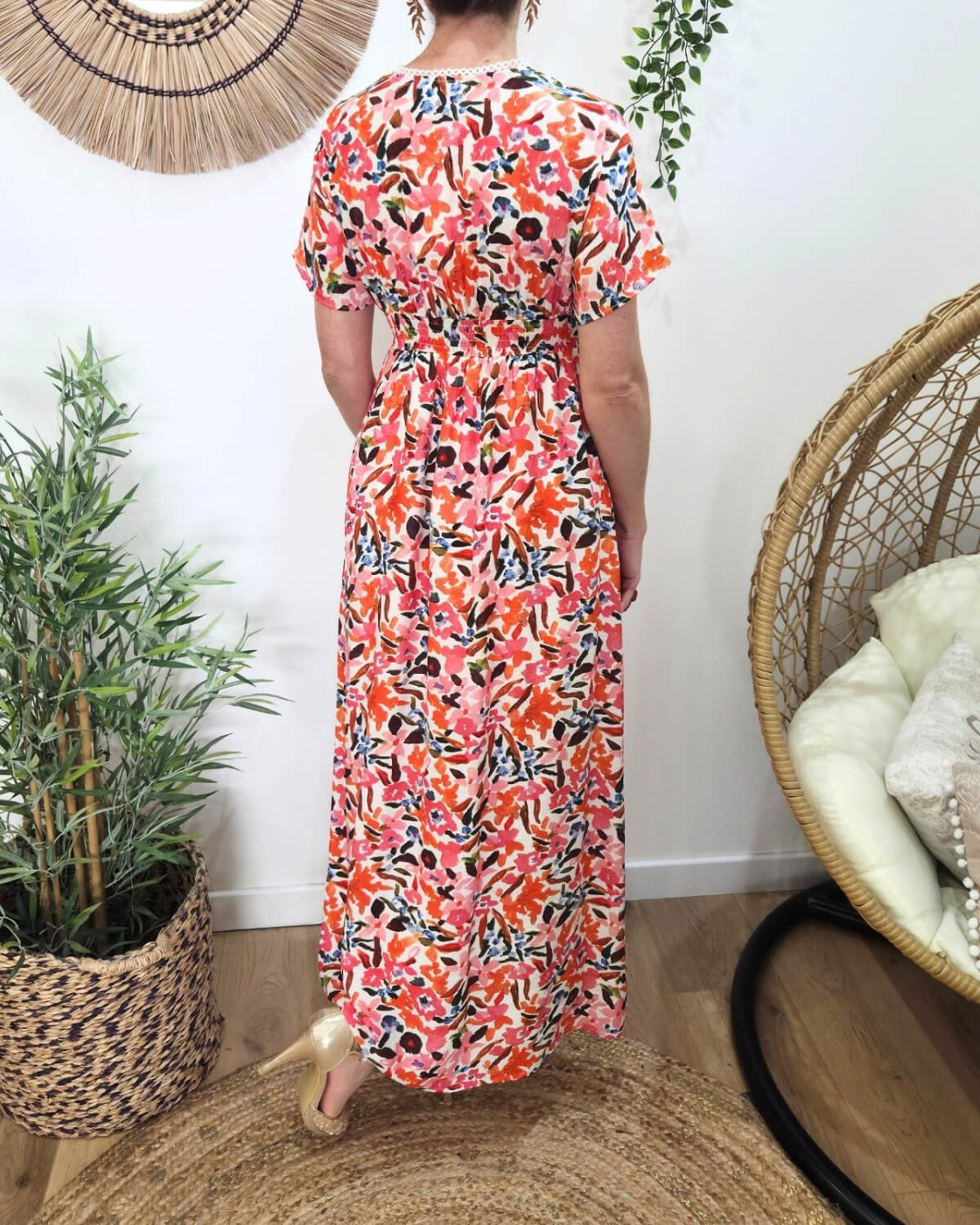 Robe longue femme motifs orangés multicolores Brizia