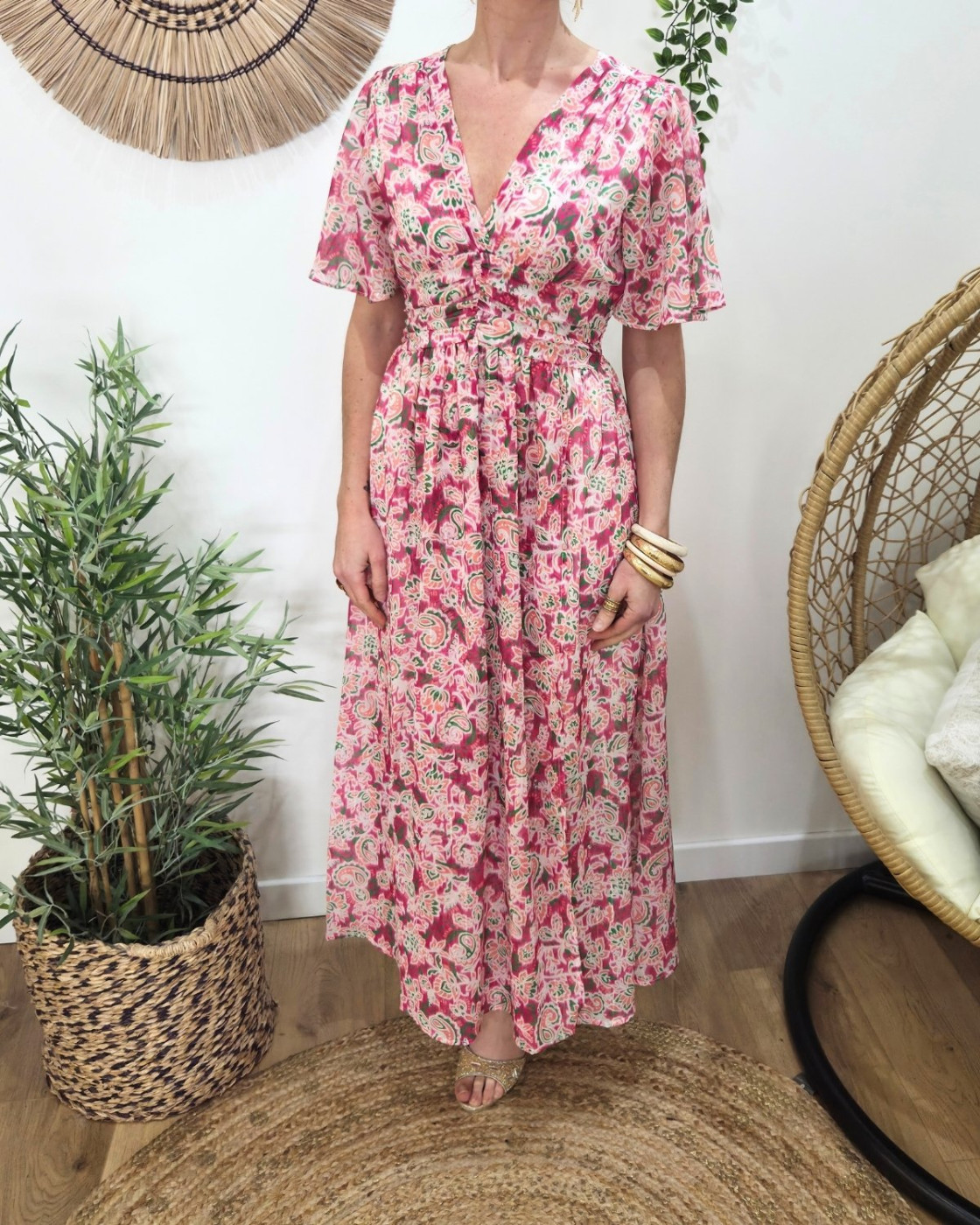 Robe longue femme rose motifs fleuris verts corail Aora