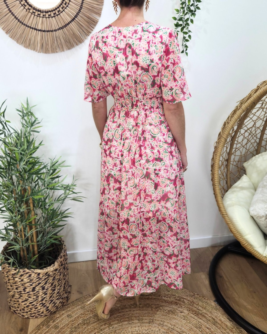 Robe longue femme rose motifs fleuris verts corail Aora