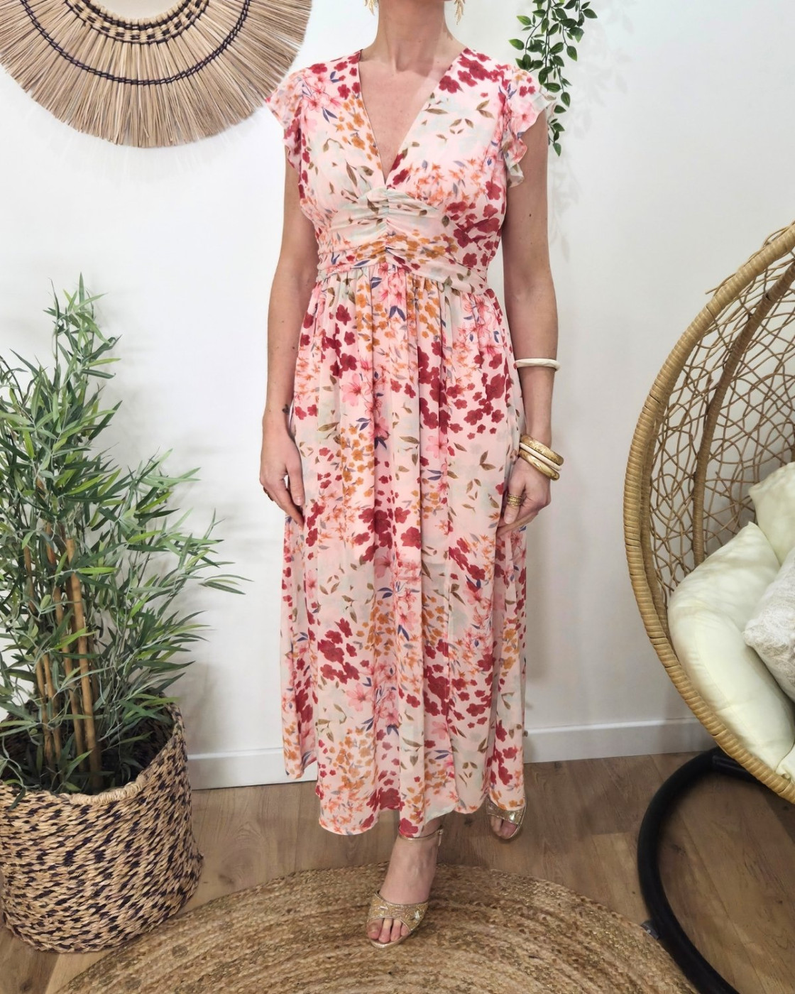 Robe longue femme rose fleurie rose orangée Maloé