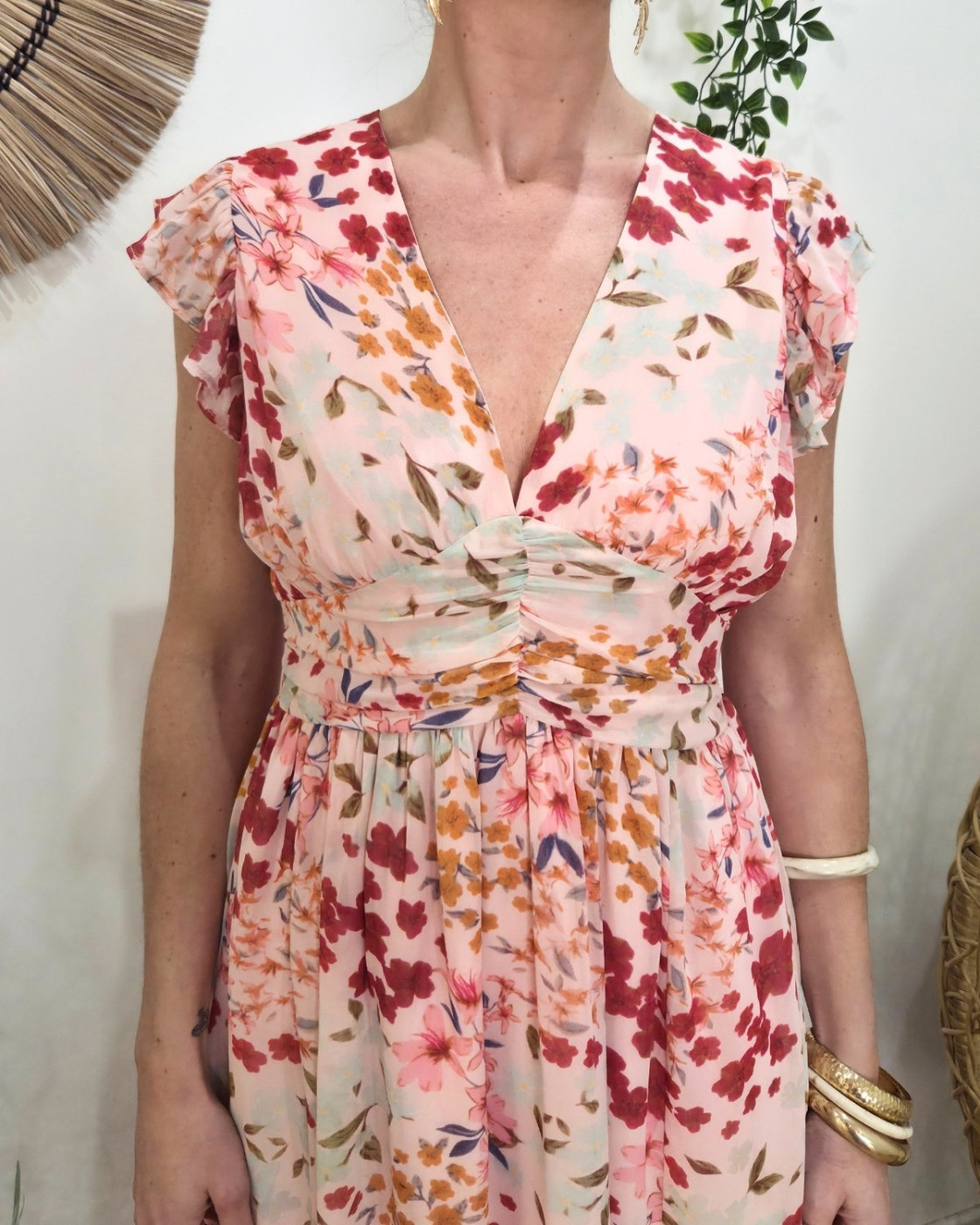 Robe longue femme rose fleurie rose orangée Maloé