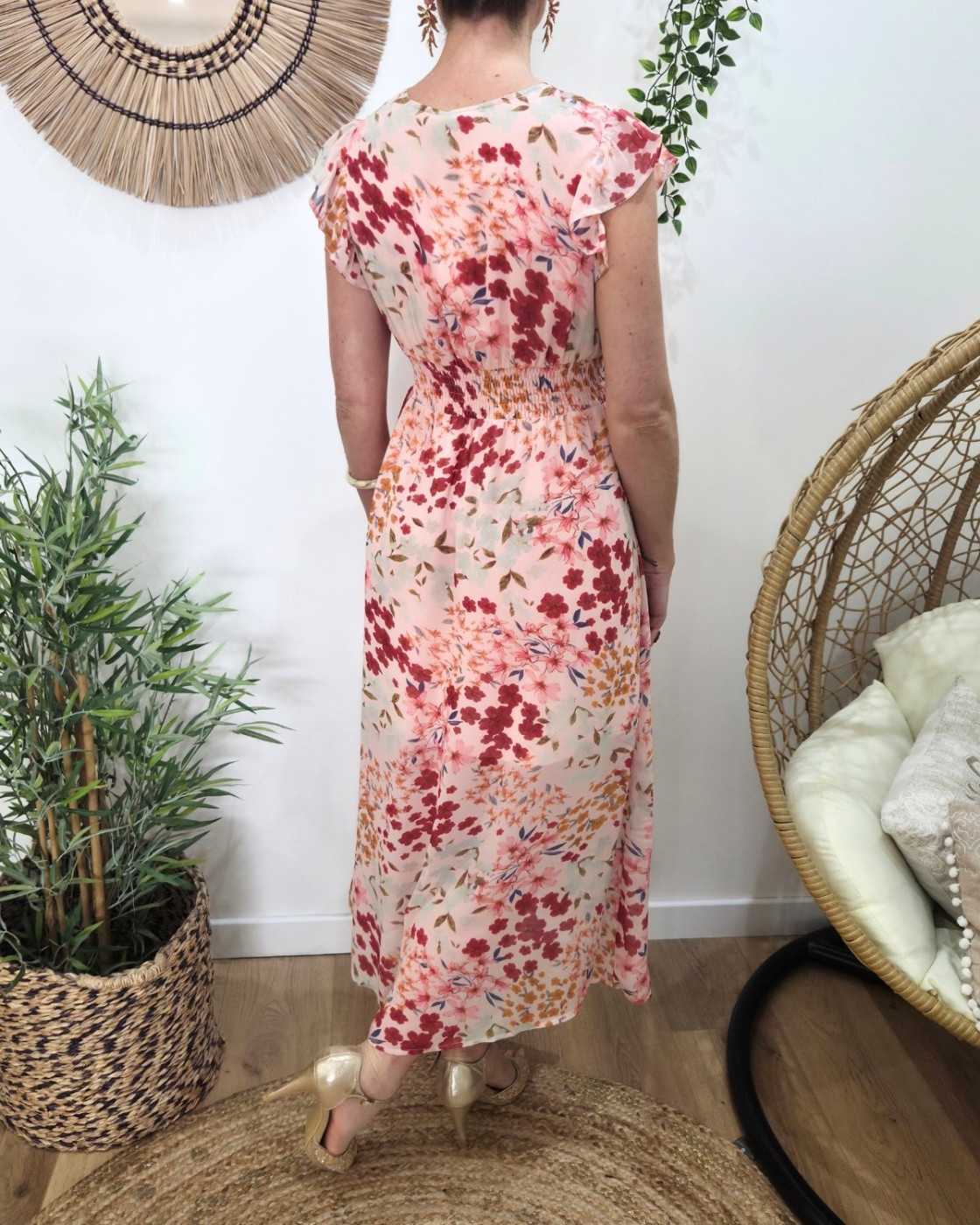 Robe longue femme rose fleurie rose orangée Maloé